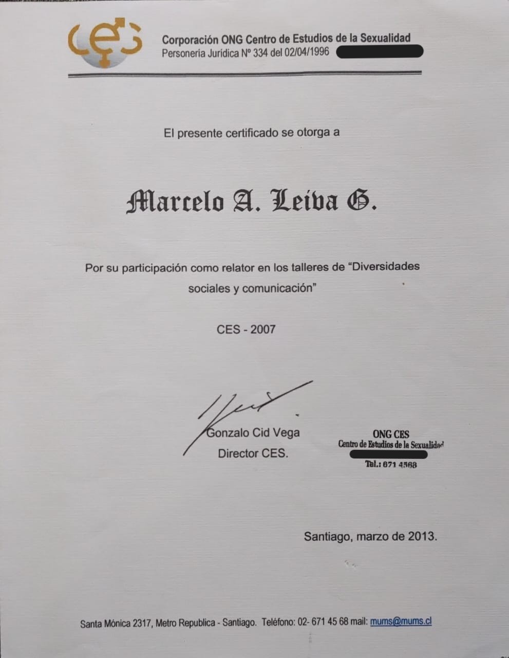 Certificado oficial que acredita la participación de Marcelo Alejandro Leiva Gutiérrez como relator en los talleres de capacitación comunitaria organizados por la Corporación ONG Centro de Estudios de la Sexualidad (CES)