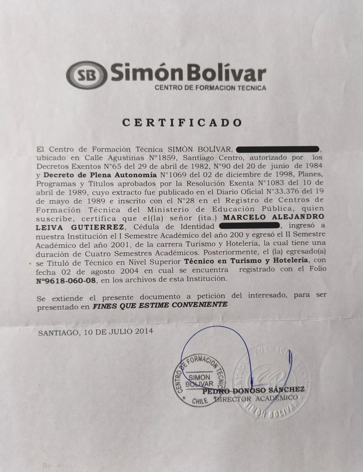 Certificado de titulo profesional Marcelo Leiva Gutiérrez CFT Simón Bolívar