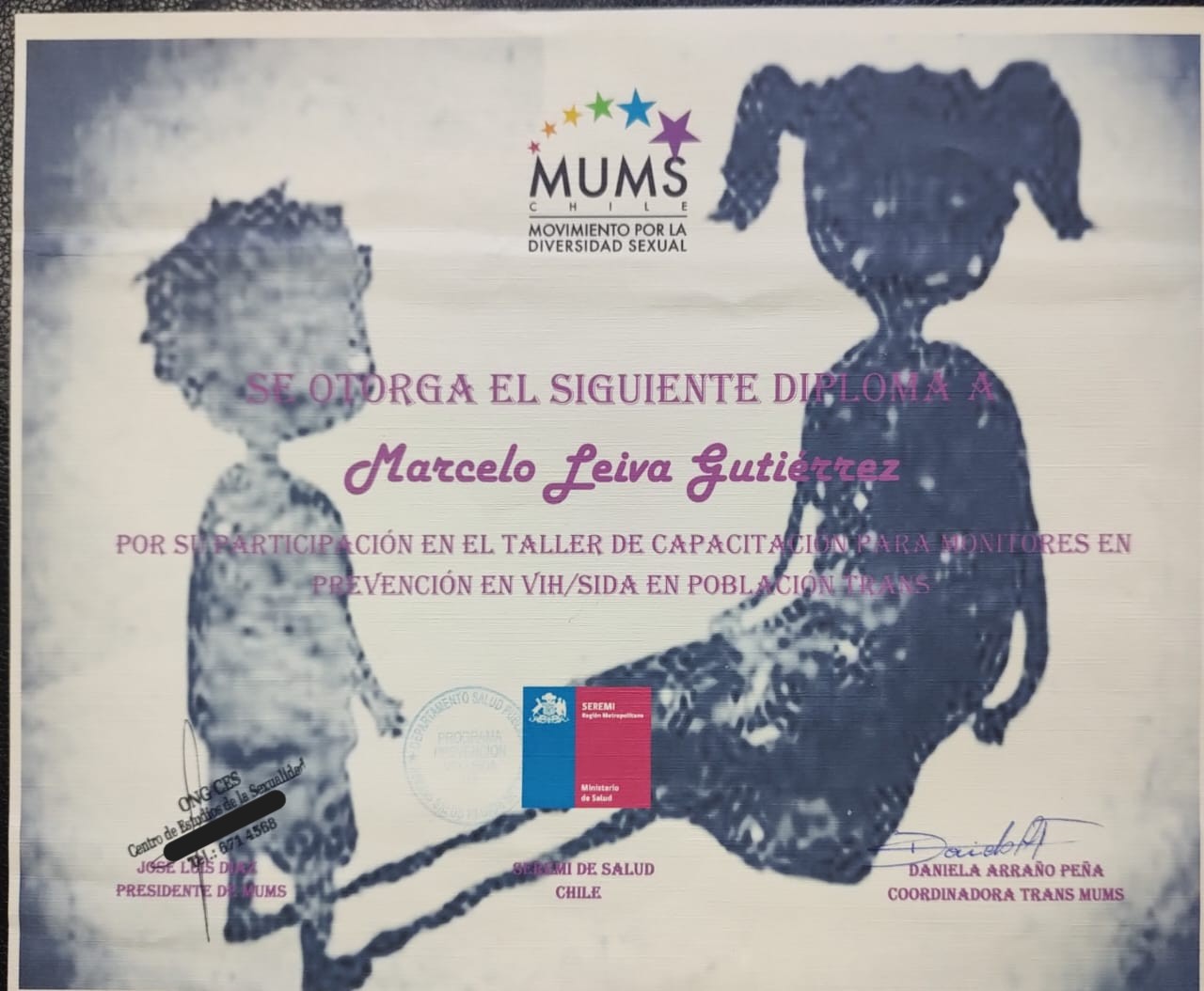 Acreditación oficial e histórica ante la autoridad sanitaria de la Región Metropolitana por la participación en el taller de capacitación para monitores de la diversidad sexual